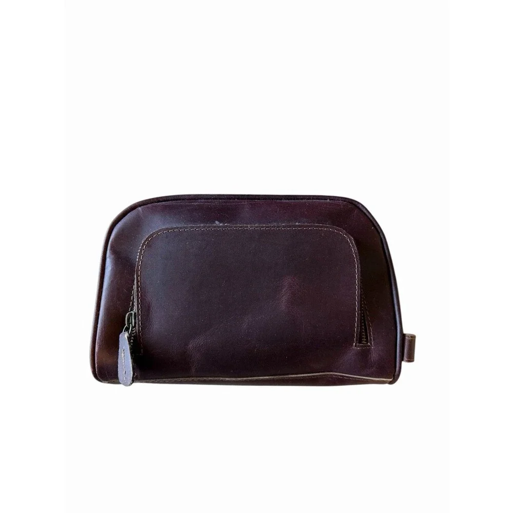 New Brown Leather Men's Toiletry Shaving Bag Metal Zippers Distressed Retro